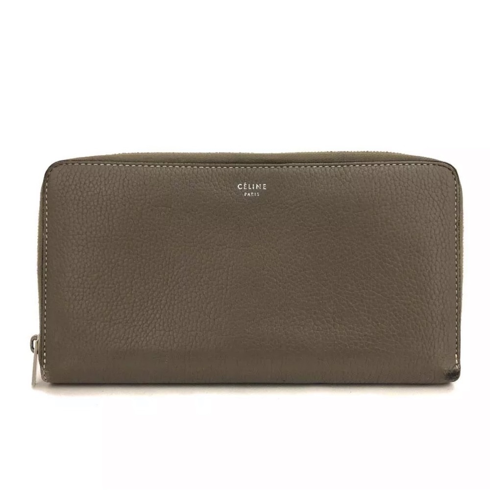 Authentic Celine Stone Grey Pebbled Leather Zip Around